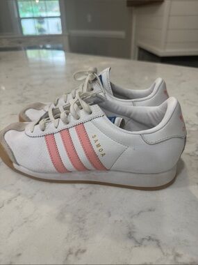 adidas Samoa White Sneakers with Pink Stripes and Gum Sole
